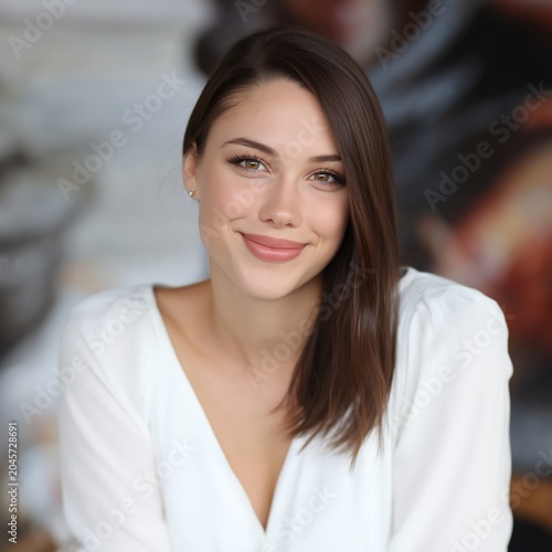 Smiling Woman Poses Indoors in Casual Attire During Daylight