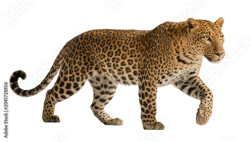 Canvas Print Leopard walking with spotted fur and yellow eyes