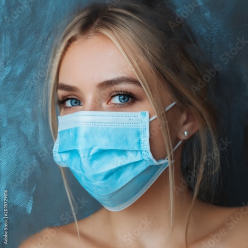 Woman Wearing Blue Face Mask During Health Awareness Event in Indoor Setting