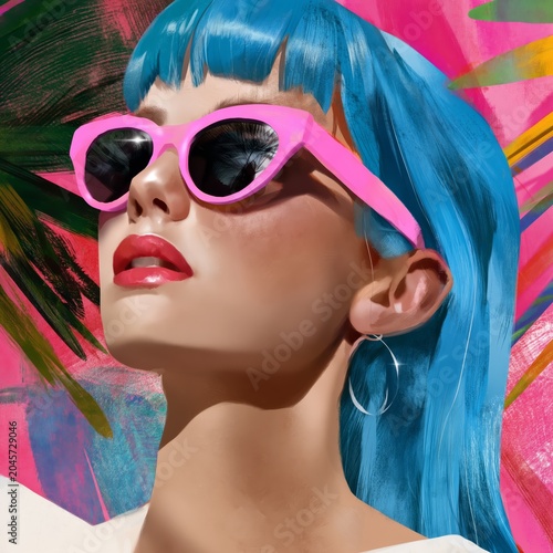 A Woman Wearing Pink Sunglasses Looks Upwards With Blue Hair Against a Vibran...