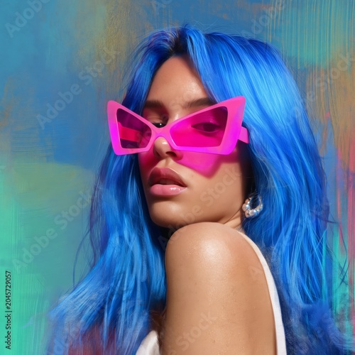 A Woman Wearing Pink Sunglasses Looks Upwards With Blue Hair Against a Vibran...