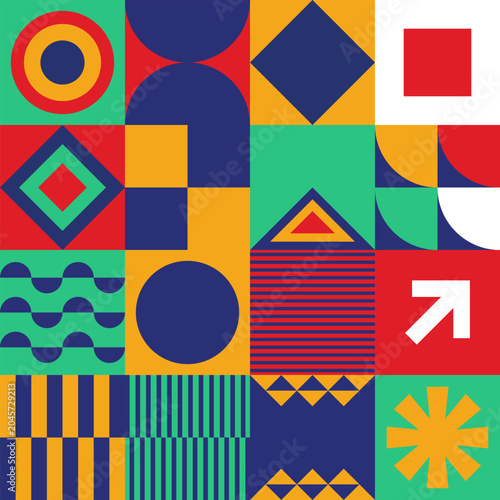 Abstract geometric seamless pattern in Bauhaus and Neo Memphis style. Colorful background with circles, triangles, and squares.