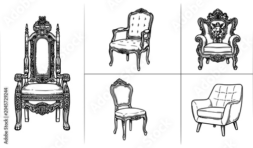 Canvas-taulu Hand Drawn Vintage Throne Armchair and Antique Chair Vector Furniture Collection