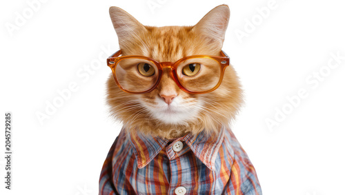 Fotografie Orange tabby cat wearing glasses and plaid shirt