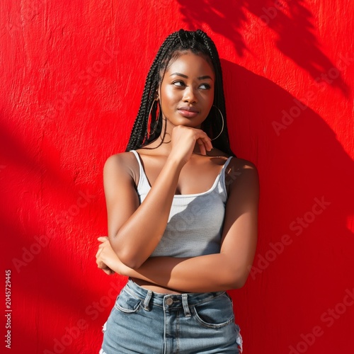 Woman With Braided Hair in Front of a Bright Red Wall Standing in Profile