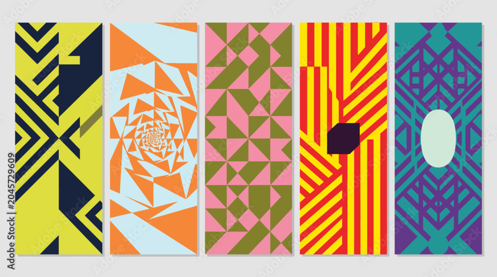 Obraz premium Six-panel abstract geometric pattern collage with vibrant colors, tessellations, stripes and shapes for modern graphic design backgrounds