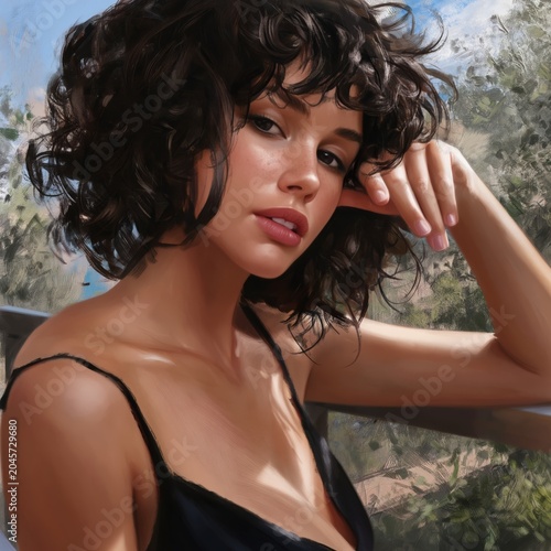 Woman With Curly Hair Poses Thoughtfully With Hand on Face in Studio Setting ...
