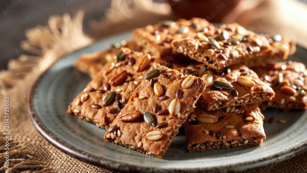 Fototapeta premium Seeded cracker squares piled on ceramic plate closeup