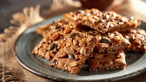 Seeded cracker squares piled on ceramic plate closeup