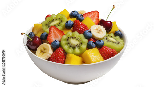 Fresh fruit salad in white bowl with strawberries blueberries kiwi banana mango, and cherries