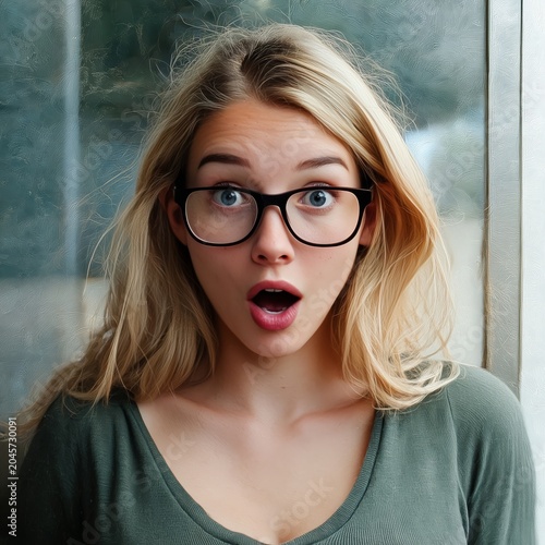 Young Woman With Glasses Shows Surprise in a Room With a Glass Wall