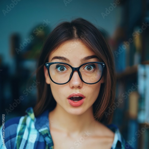 Young Woman With Glasses Shows Surprise in a Room With a Glass Wall
