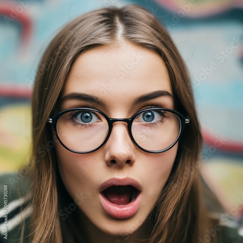 Young Woman With Glasses Shows Surprise in a Colorful Setting During the Day