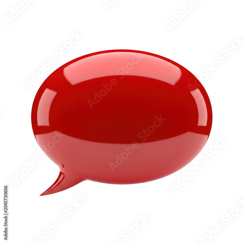 A glossy red 3d speech bubble representing communication and conversation isolated on a dark background, for digital interface isolated on a transparent background