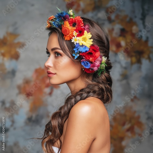 Woman With Flower Crown Poses Against Colorful Backdrop During Autumn Season