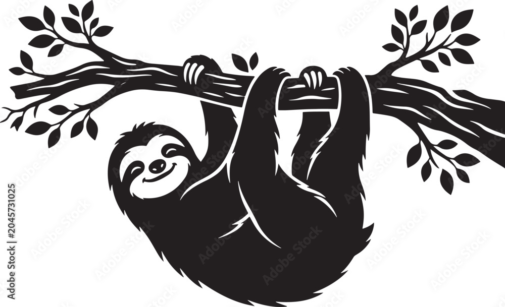 Obraz premium Sloth hanging from tree branch silhouette vector with silhouette wildlife tropical creature climbing isolated