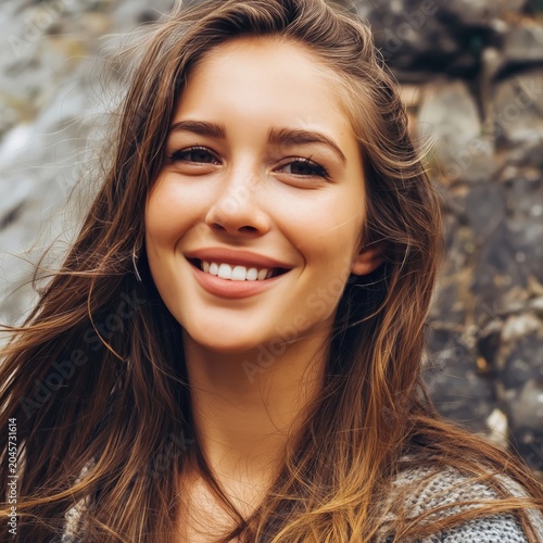 Woman Smiles in Front of Rocks During Daylight in a Natural Setting