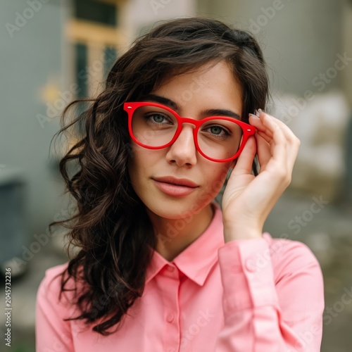 Young Woman With Red Sunglasses Poses Outside in Bright Sunlight During a Sun...