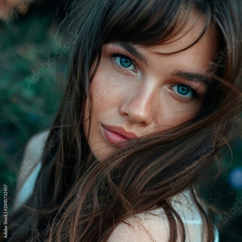 Young Woman With Long Hair Looking Candidly at the Camera in a Natural Settin...