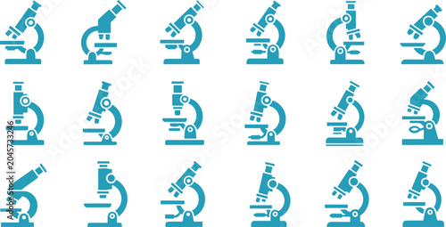 Microscope Icon Set with Minimalist Blue Laboratory Equipment and Scientific Research Vector Shapes