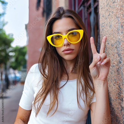 Woman Poses With Peace Sign in Yellow Sunglasses Outdoors on a Sunny Day