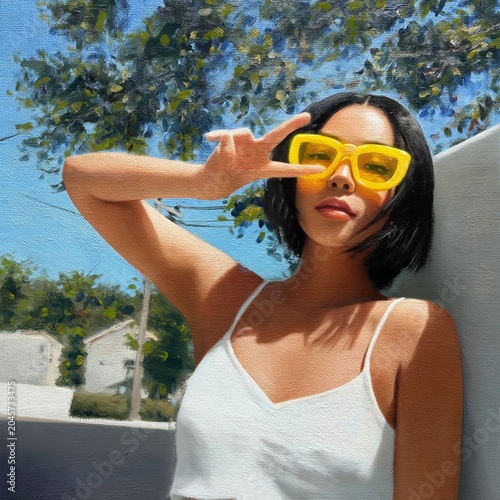 Woman Poses With Peace Sign in Yellow Sunglasses Outdoors on a Sunny Day