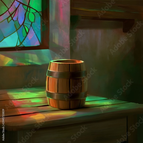 Wooden Barrel and Tree Painting in a Simple Interior Room