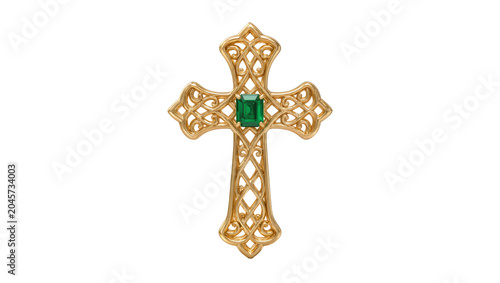 Ornate gold Celtic cross pendant with emerald gemstone, isolated on transparent background