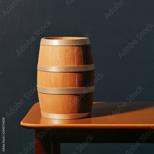 Wooden Barrel on Table Against Dark Background in a Simple Setting With Natur...