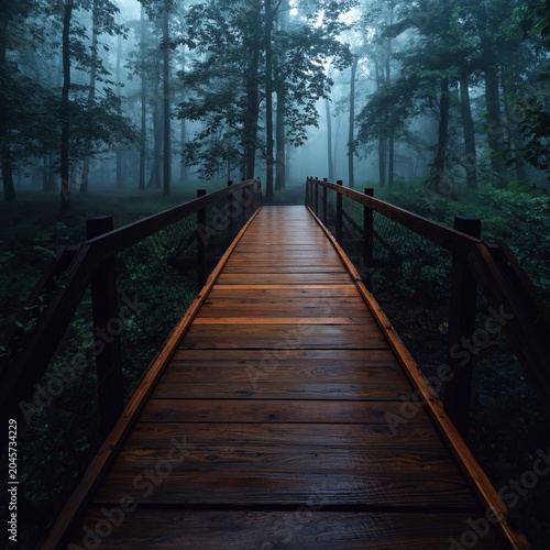 Wooden Bridge Leads Through Foggy Forest in Early Morning Hours With Tall Trees