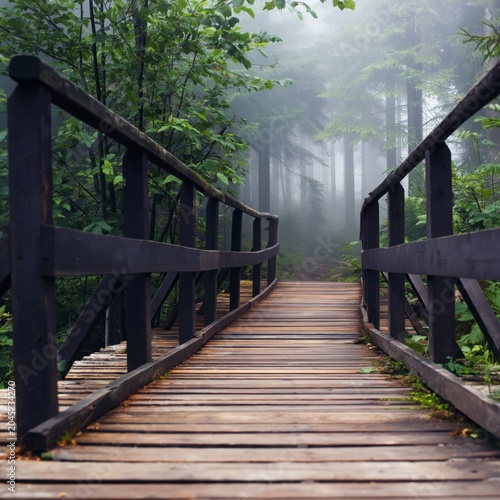 Wooden Bridge Leads Through Foggy Forest in Early Morning Hours With Tall Trees
