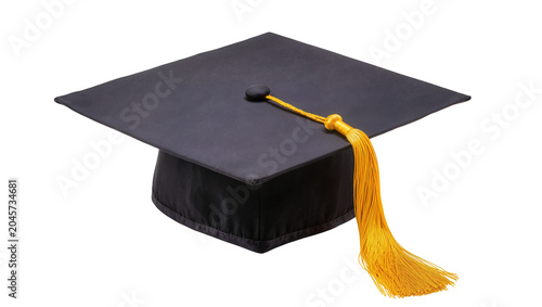 Black graduation cap with golden tassel, isolated on transparent background