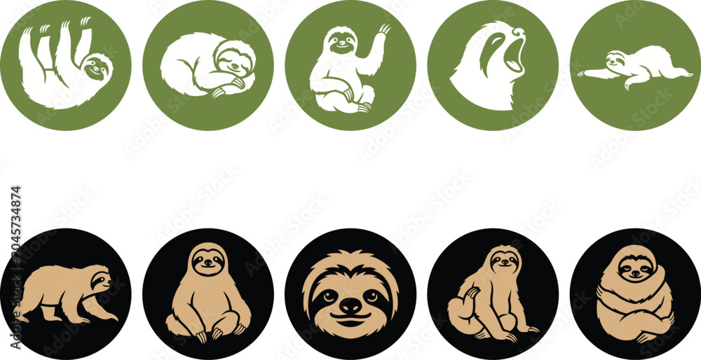 Obraz premium Ten stylized sloth illustrations arranged in circular icons showing various cute poses and happy facial expressions