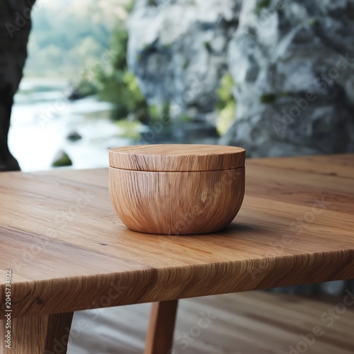 Wooden Bowl Placed on Table in Natural Setting Near Rocks and Water During Da...