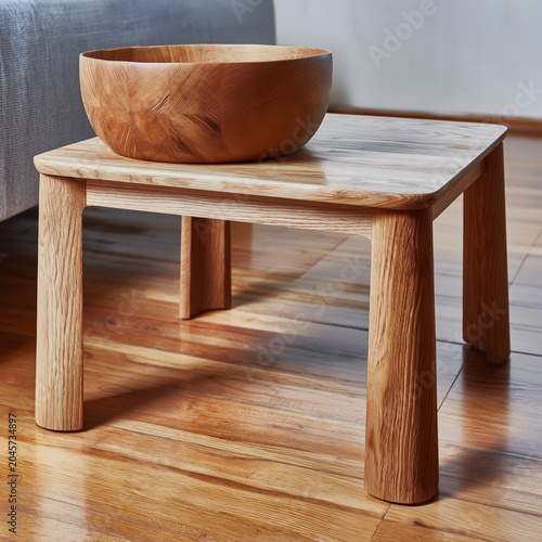 Wooden Table With Bowl on Top in a Simple Room Setting
