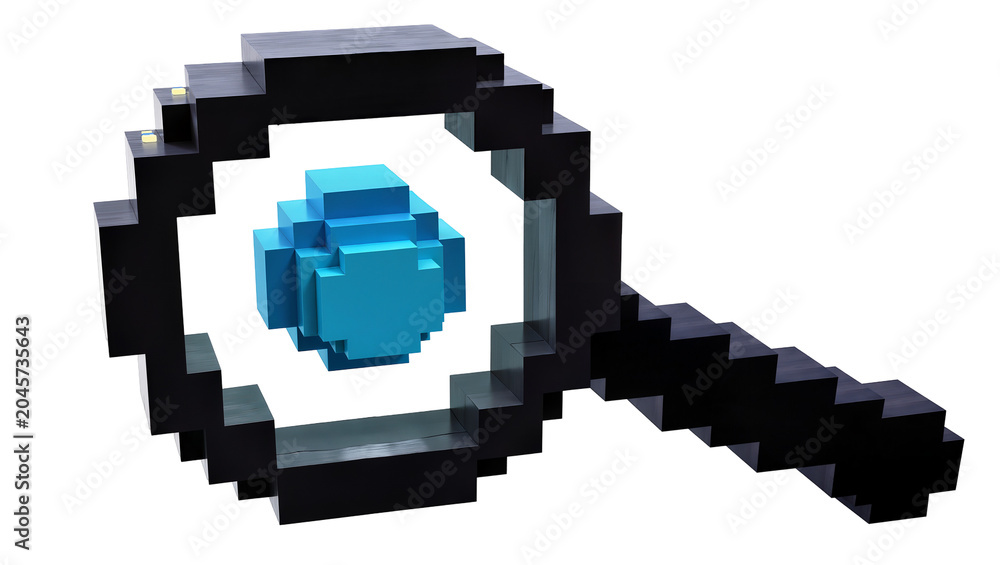 Fototapeta premium Pixelated black magnifying glass examining a blue pixelated geometric shape, isolated on transparent background