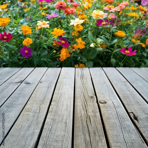 Colorful Flowers Grow Near Wooden Deck Under Bright Sunlight in a Garden Setting
