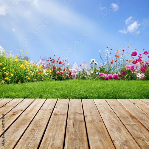 Colorful Flowers Grow Near Wooden Deck Under Bright Sunlight in a Garden Setting