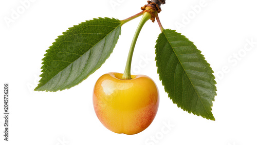 Yellow cherry with green leaves on branch, isolated on transparent background