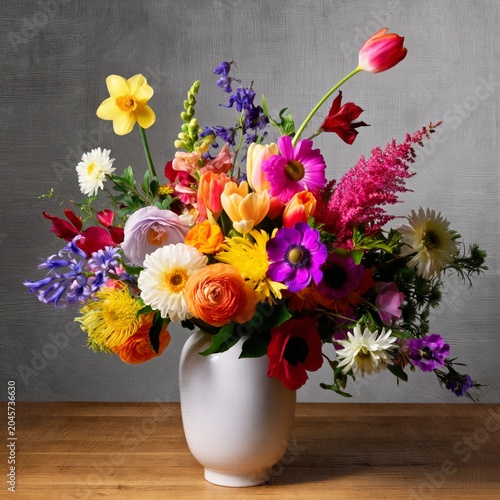 Bright Bouquet of Flowers Arranged in Glass Vase on Wooden Table With Petals ...