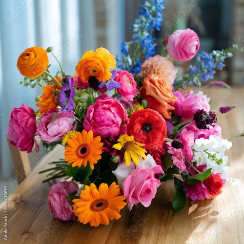 Colorful Flower Arrangement on Wooden Table With Brick Wall Background