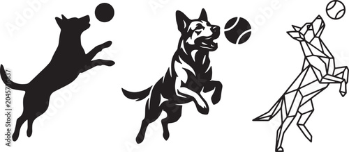 Jumping dogs playing with a ball in solid black silhouettes and geometric line art style sets.