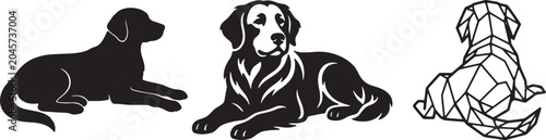 Lying dog silhouette set with solid black shapes and detailed geometric line art dog graphics.