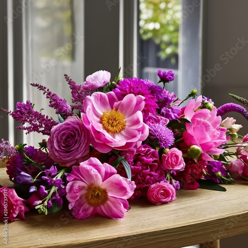 Bright Peony and Rose Flower Arrangement on a Table Indoors at a Sunny Moment