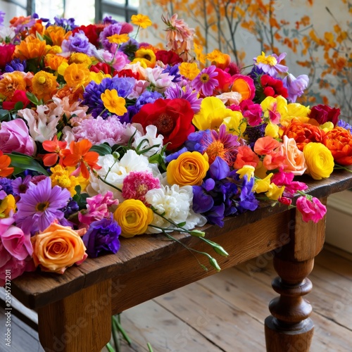 Flowers Spread Across a Wooden Table in a Bright Room With Colorful Decorations