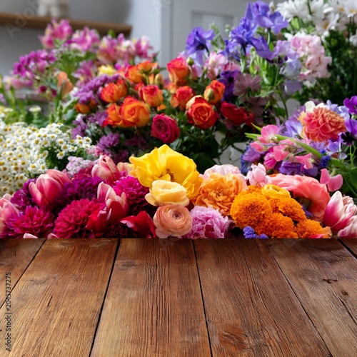 Flowers Spread Across a Wooden Table in a Bright Room With Colorful Decorations