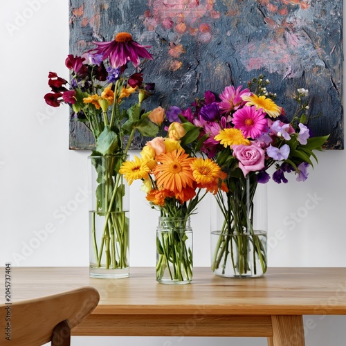 Bright Flowers in Glass Vases on a Wooden Table Beside a Colorful Wall Art in...