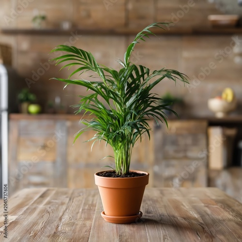 Indoor Plant in a Brown Pot on a Wooden Table in a Kitchen Setting During Day...