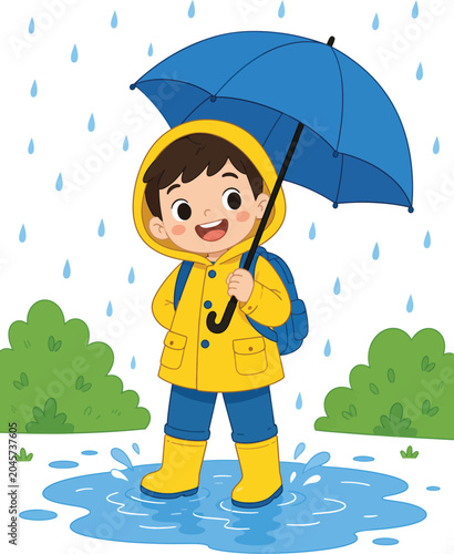 Boy With Umbrella In Rain Colorful Vector Illustration