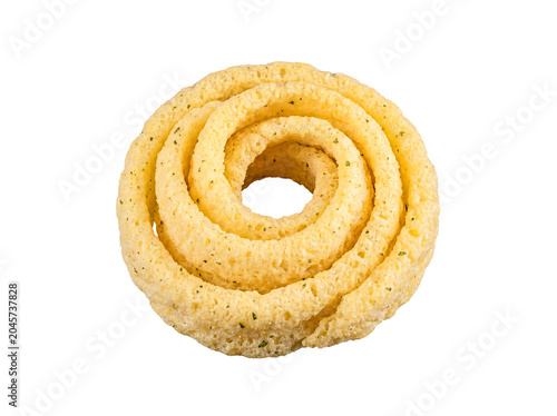 Konstfotografi Unique spiral-shaped puffed snack, golden yellow, dusted with green seasoning, isolated on a transparent background